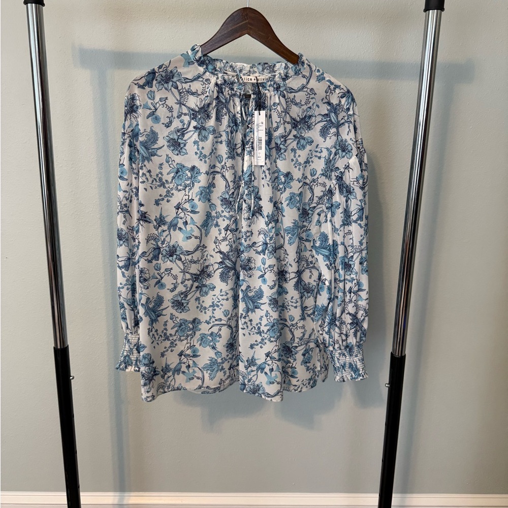 Alice + Olivia Blue Floral Tie-Neck Silk Blouse